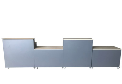 Messetheke Thekenanlage Flex Kunststoff grau Dekorholz rollbar